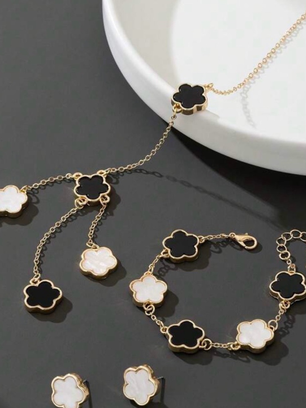 Gold Clover Necklace, Bracelet & Earrings Set - White Inlay - Picture 4 of 8